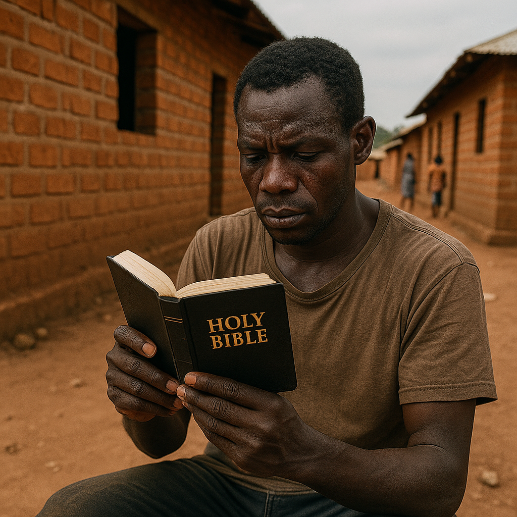 refugee in Nyarugusu refugee camp reading the Bible. Taught English by Teaching Hope, a program of Equipping Hope International in Tanzania.