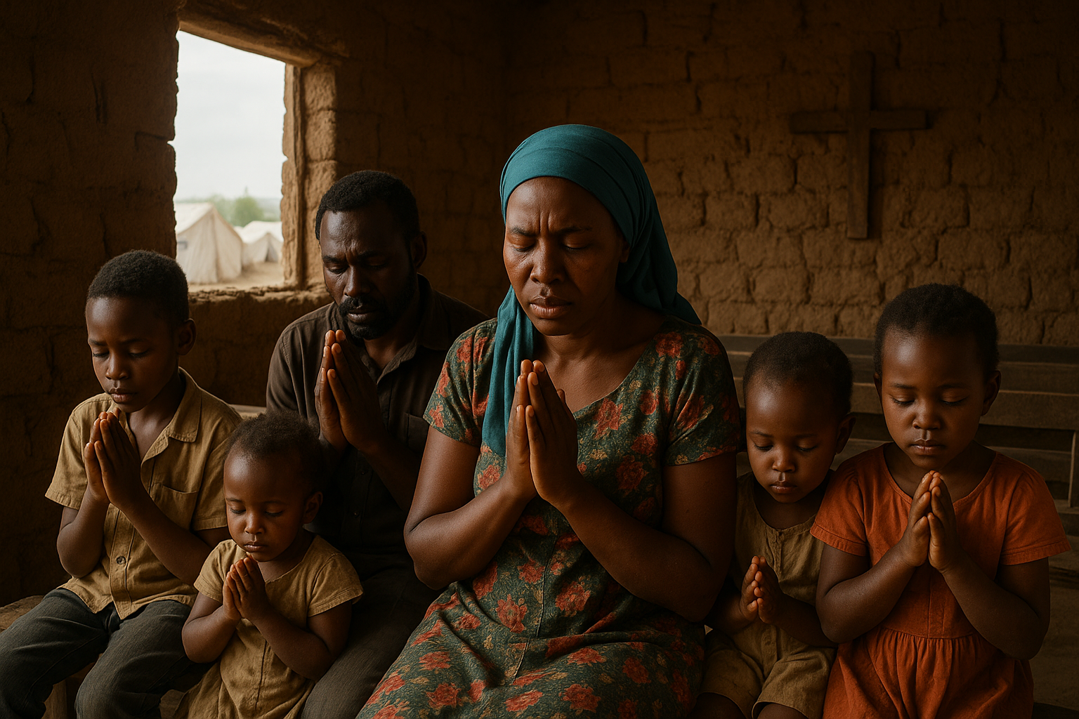 A family praying at Nyarugusu Refugee Camp in Tanzania.